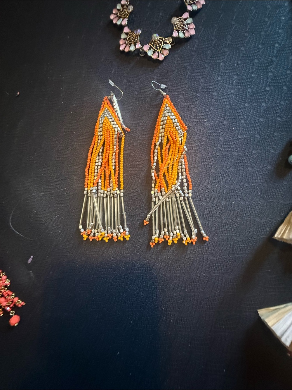 Handmade Orange Beaded Fringe Earrings - Lightweight Statement Jewelry 2